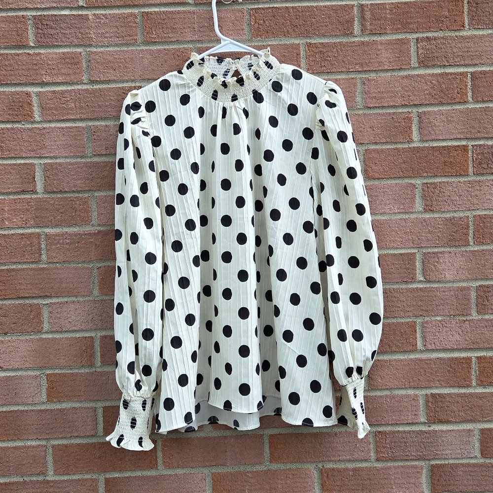 English Factory Polka Dot Smock Neck Blouse And Just Like That Charlotte York - Picture 3 of 7